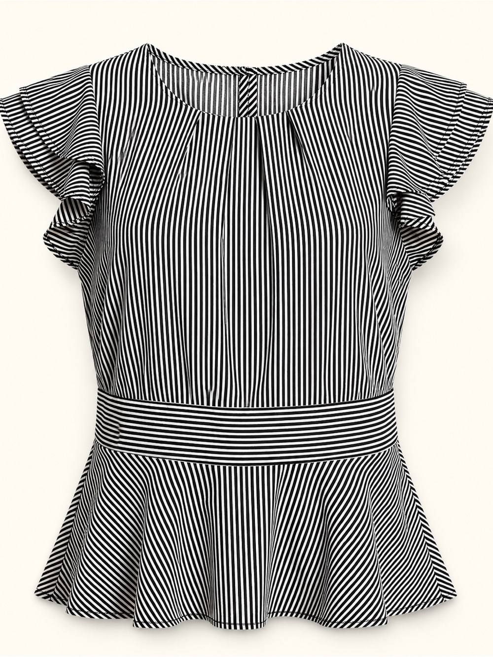 Monteau Striped Flutter Sleeve Peplum Top Black White Size M